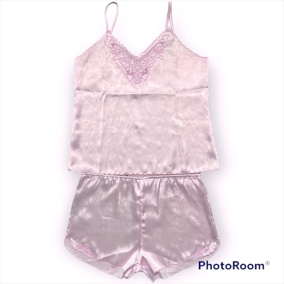 Vintage Diana Hand Embroidered Pink vintage satin intimates Set Shorts & top, M - Picture 1 of 13